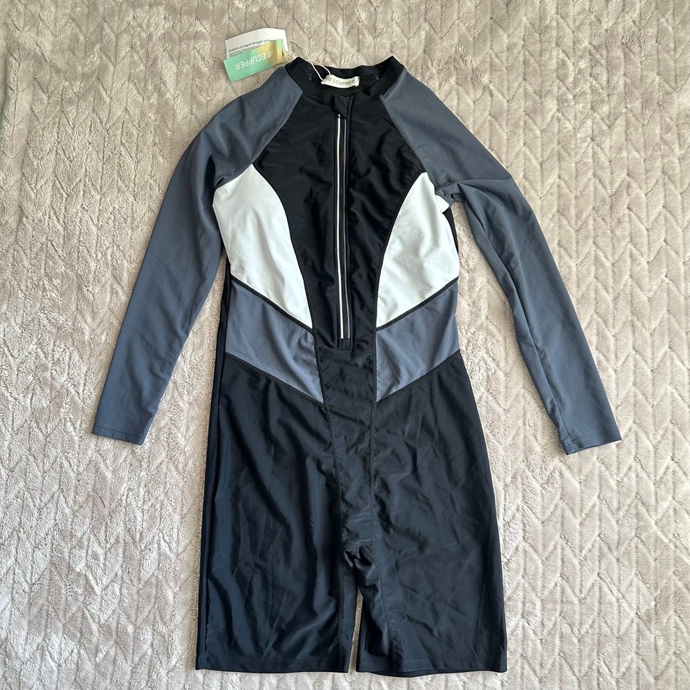 Ecupper Womens Long Sleeve One PIece Swimsuit Front Zip Colorblock Medium NWT